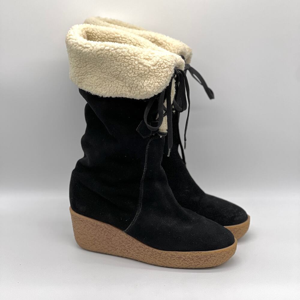 KORS MICHAEL KORS Suede Shealing Lace Up Boot Womens 8 Black Wedge Heel